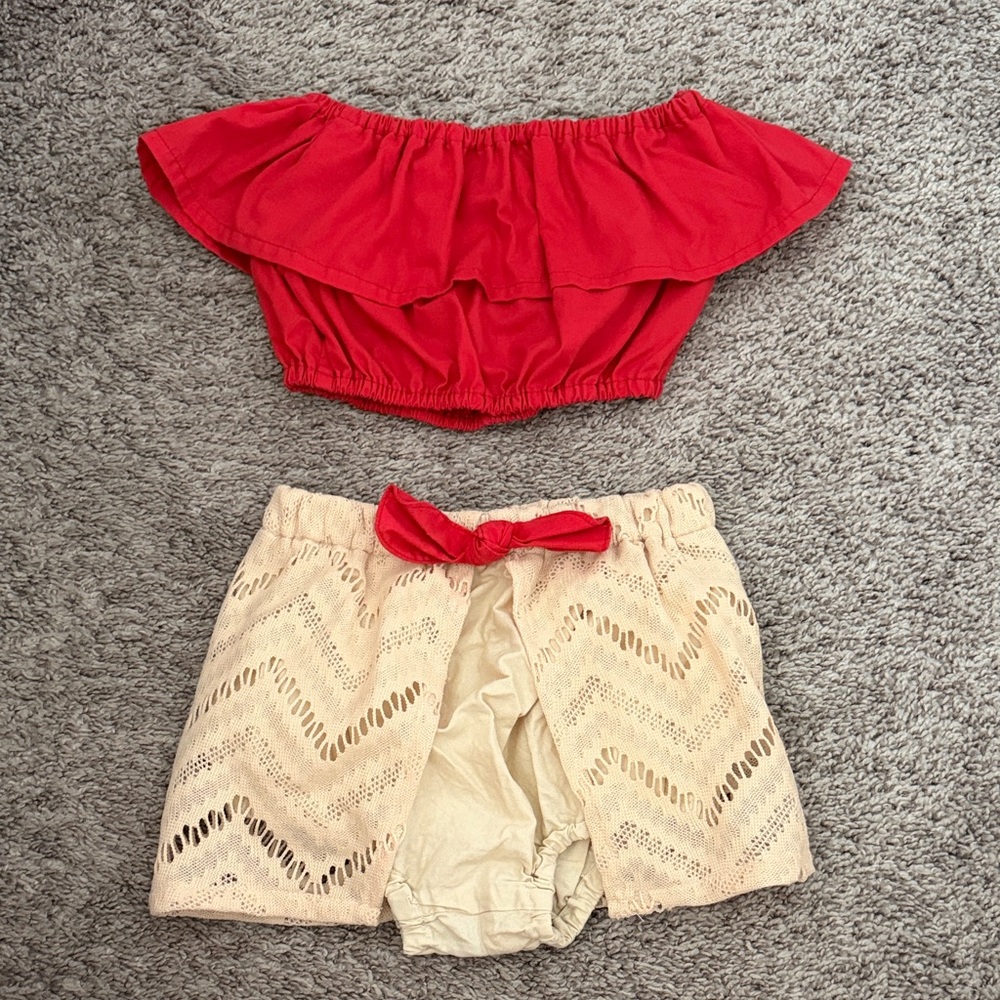 Handmade Moana Red Off-Shoulder Crop Top with skirted bloomers 2t
